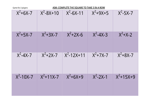 Complete the Square (Quadratics) 3 in a Row
