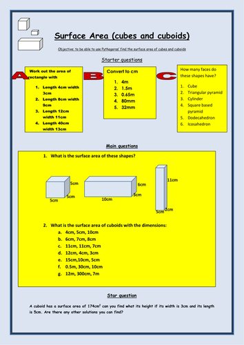 Surface area of cubes and cuboids handout