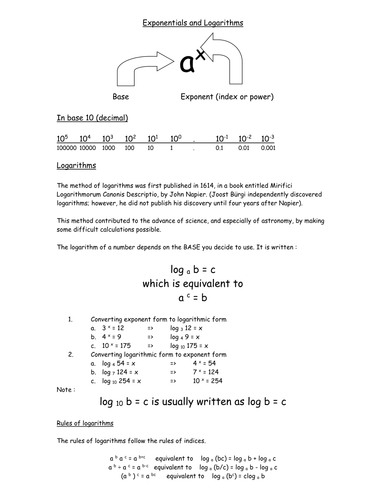Exponentials and Logarithms summary