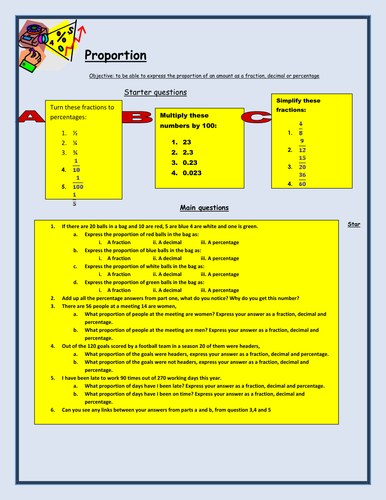 Proportions of Amounts worksheet