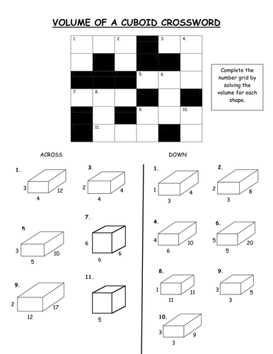 Volume of a Cuboid Crossword