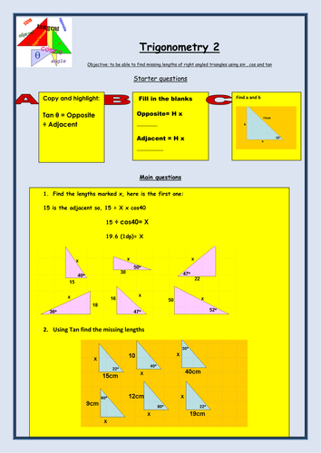 Trig handout (finding lengths-sin;cos tan)