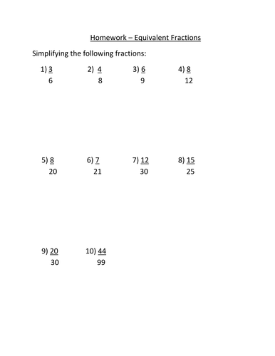 Simplifying Fractions Homework Sheet Teaching Resources