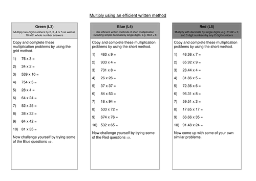 Multiplication and division question sheets