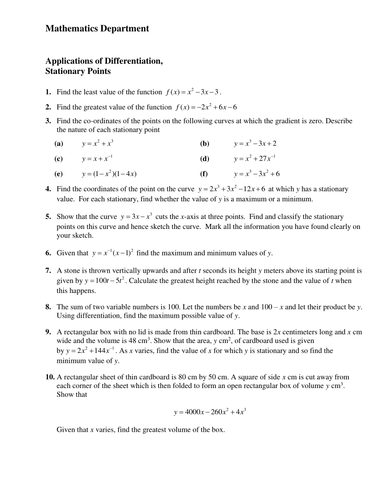 Applications of Differentiation; Stationary Points