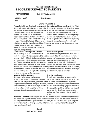Nursery report comments image
