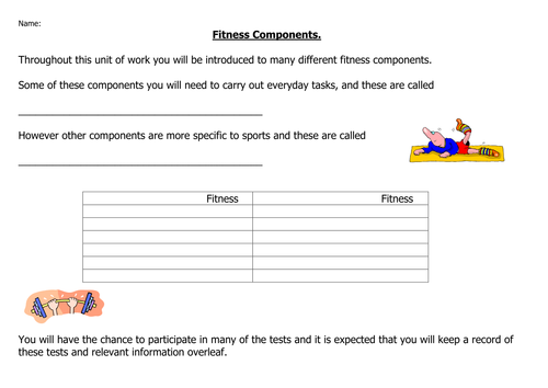 Fitness components testing record sheet