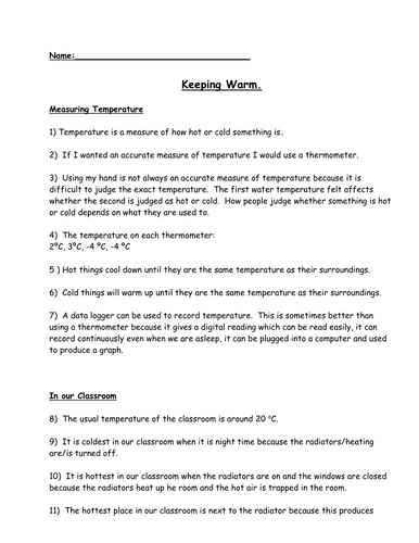 Keeping Warm Assessment