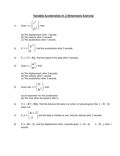 2-Dimensional Variable Acceleration Worksheet