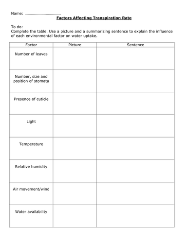 Factors Affecting Transpiration Rate Activity