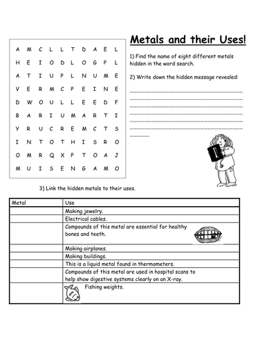 Metals and their uses wordsearch