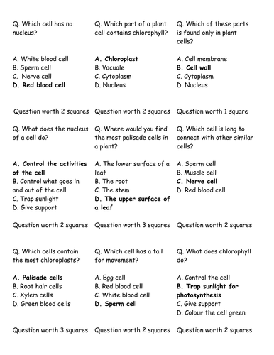 Cells and reproduction quiz
