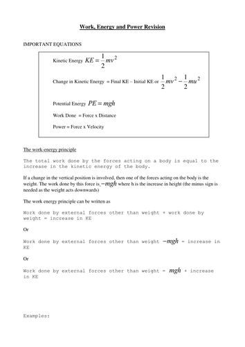 Work; Energy and Power review