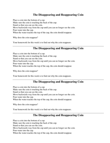 Refraction: Reappearing Coin Trick -Group Activity by pand - Teaching ...