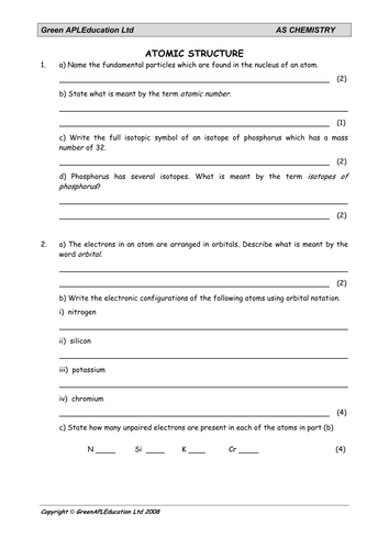 Chemistry: Atomic Structure Worksheet