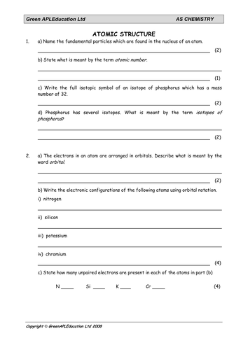 Chemistry Atomic Structure Worksheet Teaching Resources