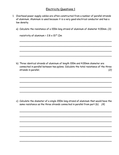 Electricity worksheet - 11th Grade
