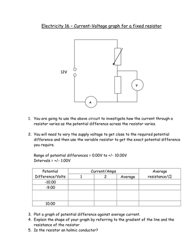 Current and Voltage Worksheet