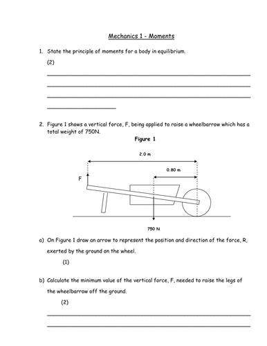 Mechanics Worksheet on Moments