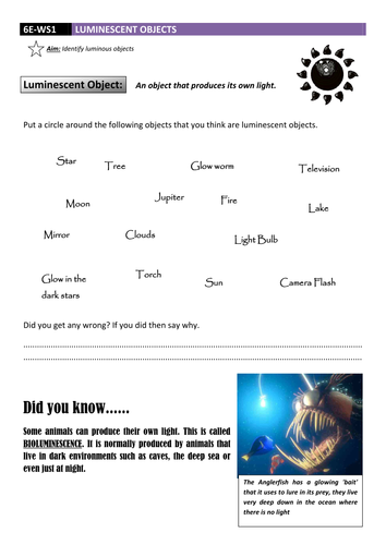 Luminous Objects Worksheet DCJSSS Teaching Resources