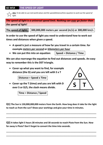 Speed of Light Worksheet DCJSSS