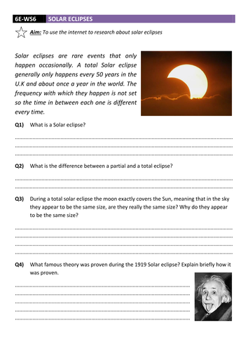 Solar Eclipse Worksheet DCJSSS | Teaching Resources