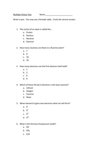 Multiple Choice Test on Chemistry