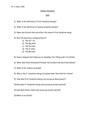 Atomic Structure test (IBDP / 'AS' - Level Chemistry)