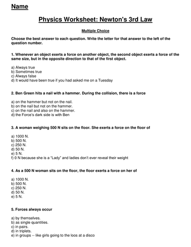 Newtons Laws Worksheet Answers