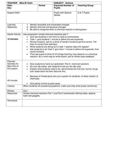 First lesson simple chemical reaction | Teaching Resources