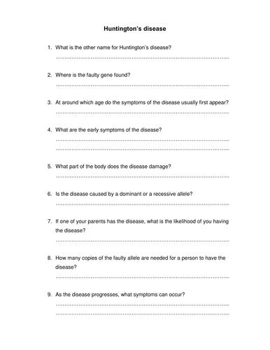 Huntington's disease quiz quiz trade - Additional Science