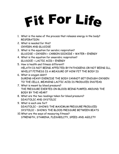 Fit for Life Questions | Teaching Resources