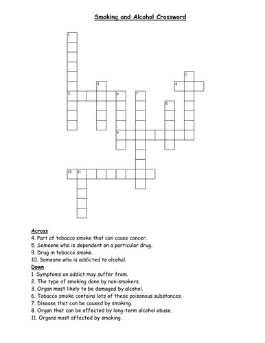 tobacco crossword puzzle answer key smoking and alcohol crossword
