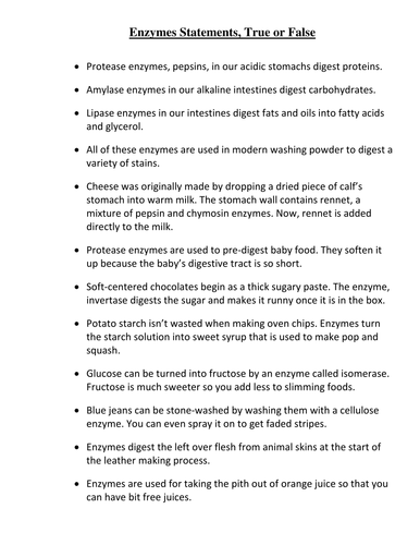 Enzymes True or False Quiz