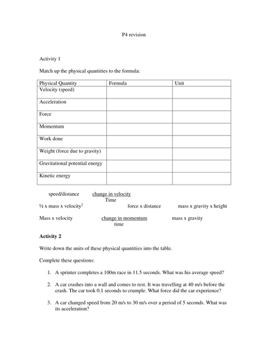 calculations and units for forces and motion | Teaching Resources