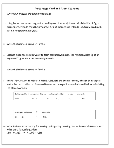 Percentage Yield And Atom Economy Calculations Teaching Resources