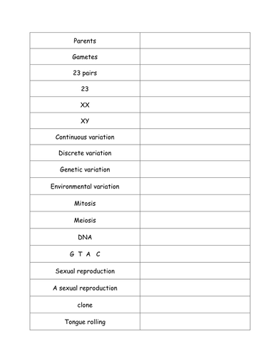 genes and inheritance keywords grid | Teaching Resources