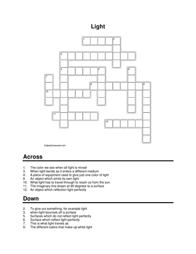 Light crossword Teaching Resources