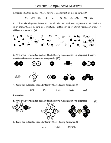 Elements Compounds Mixtures Worksheet Teaching Resources