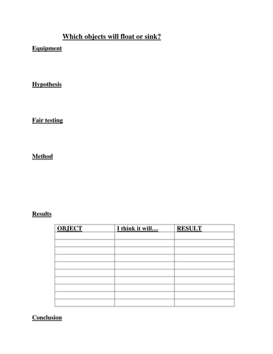 Floating and Sinking Experiment Recording Sheet
