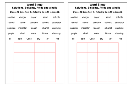Bingo game for compounds; mixtures; elements