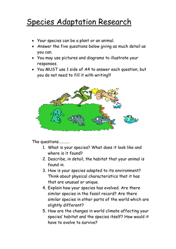 Species Adaptation Activity | Teaching Resources