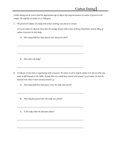 Worksheet - Carbon Dating | Teaching Resources