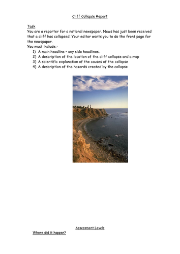 Cliff collapse newspaper article task - levelled