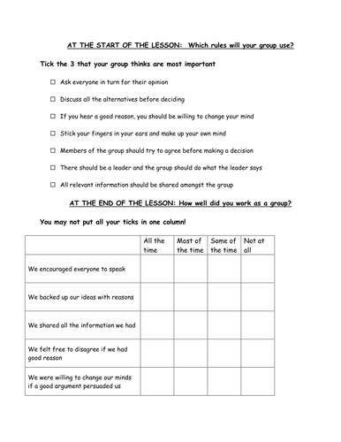 Group work evaluation sheets