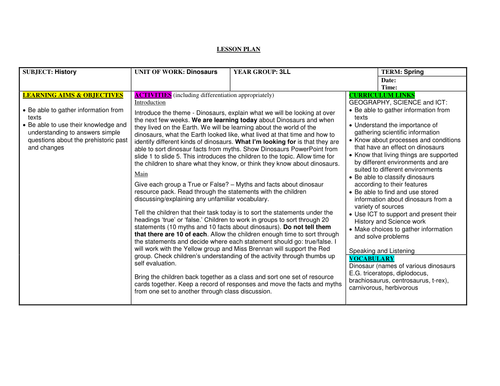 Dinosaur sequence of lessons - history