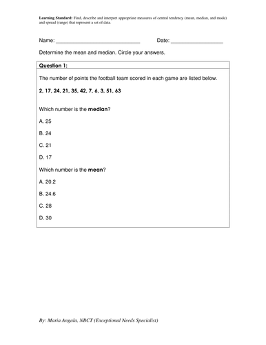 Measures of Central Tendency (modified worksheet) | Teaching Resources