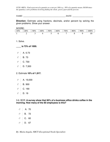 Finding Percent of a Quantity (modified) quiz | Teaching Resources