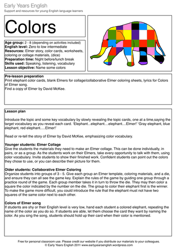 Learn Colors With Elmer The Elephant Teaching Resources