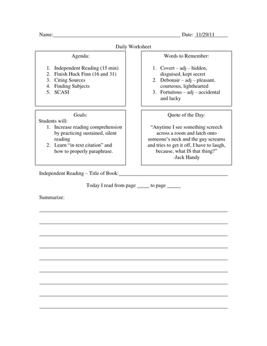 Daily Worksheet | Teaching Resources